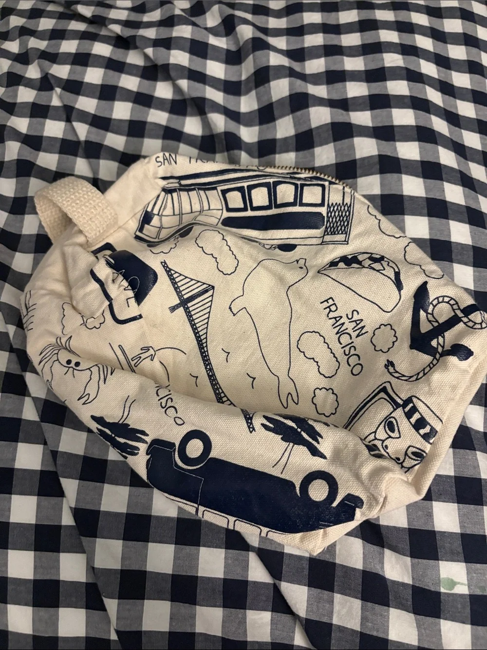 San Francisco Illustrated Canvas Zip Pouch - Cream & Navy - large size
